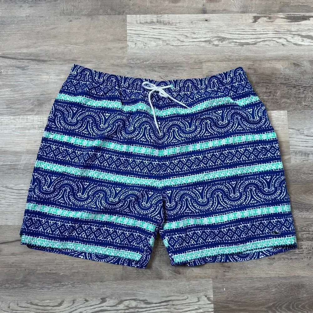 Vineyard Vines Swim Shorts Blue Green Paisley Print Drawstring Preppy XXL